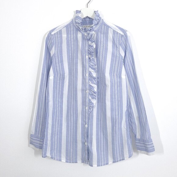 Banana Republic Blue Cotton Stripe Asymmetrical Ruffle Accent Button Down Shirt - Picture 1 of 6